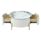 Table basse ronde à motif marbre – Blanc et or / Noir et or, 2 tiroirs, 2 à 4 places