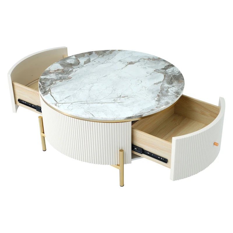 Table basse ronde à motif marbre – Blanc et or / Noir et or, 2 tiroirs, 2 à 4 places