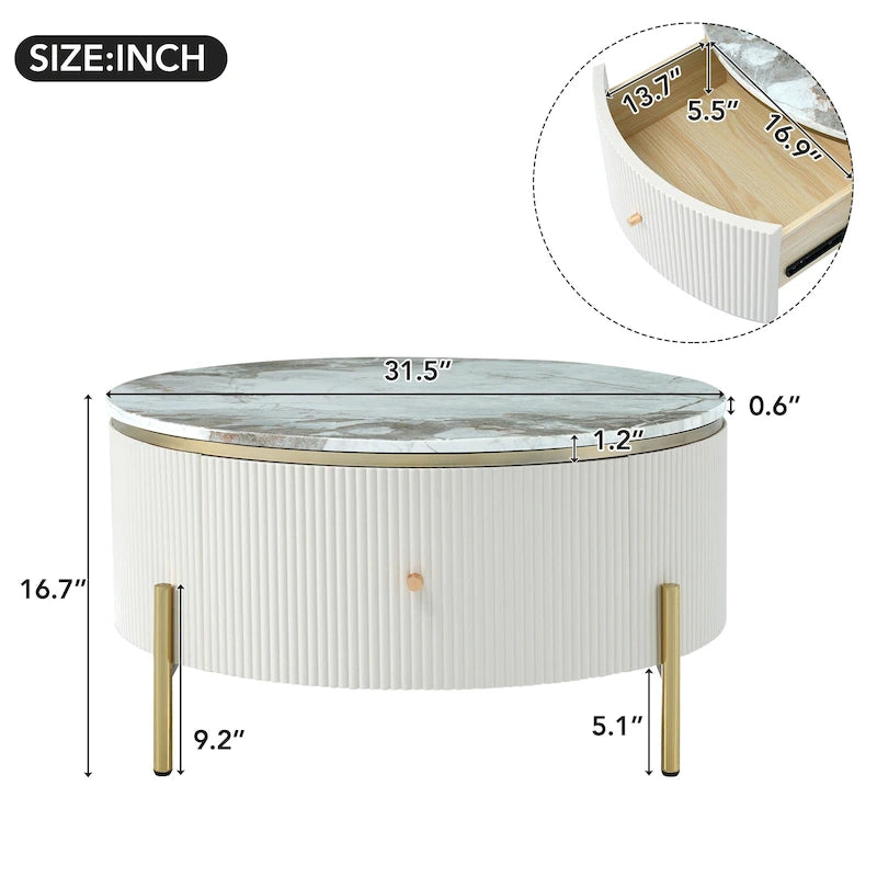 Table basse ronde à motif marbre – Blanc et or / Noir et or, 2 tiroirs, 2 à 4 places