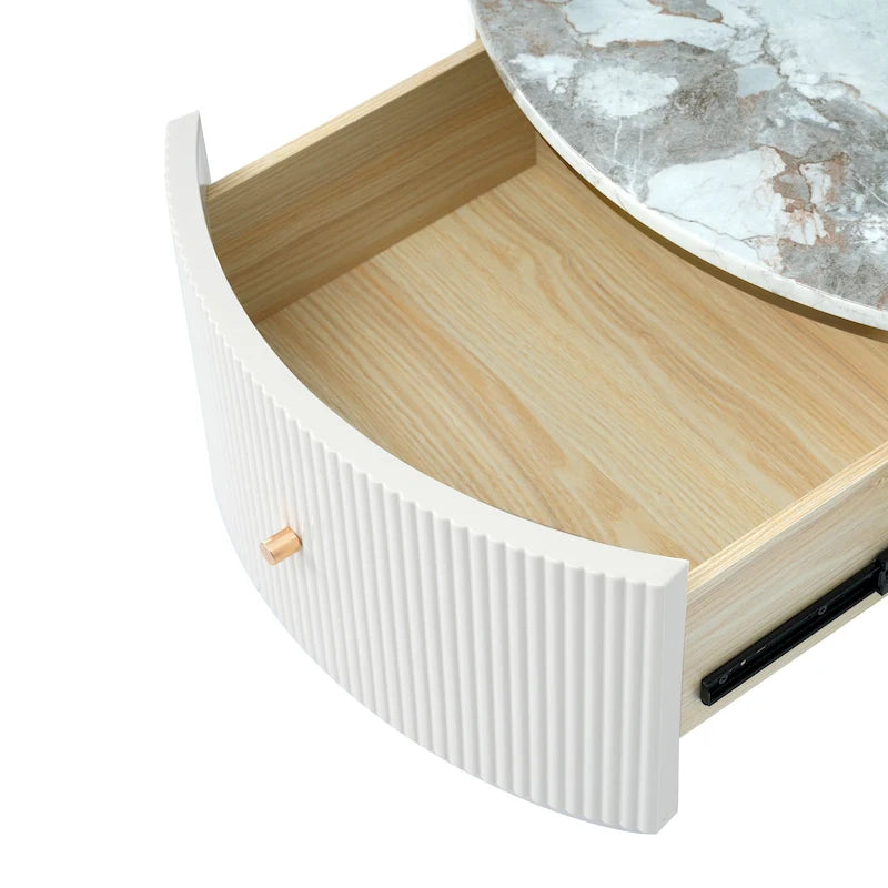 Table basse ronde à motif marbre – Blanc et or / Noir et or, 2 tiroirs, 2 à 4 places