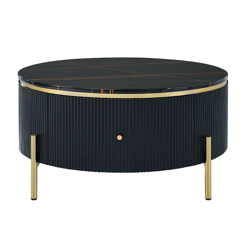 Table basse ronde à motif marbre – Blanc et or / Noir et or, 2 tiroirs, 2 à 4 places