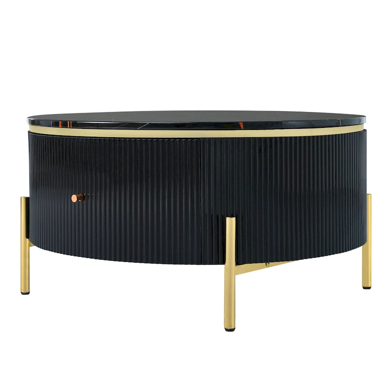 Table basse ronde à motif marbre – Blanc et or / Noir et or, 2 tiroirs, 2 à 4 places
