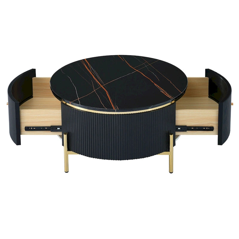 Table basse ronde à motif marbre – Blanc et or / Noir et or, 2 tiroirs, 2 à 4 places