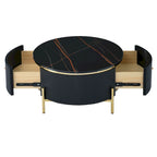 Table basse ronde à motif marbre – Blanc et or / Noir et or, 2 tiroirs, 2 à 4 places