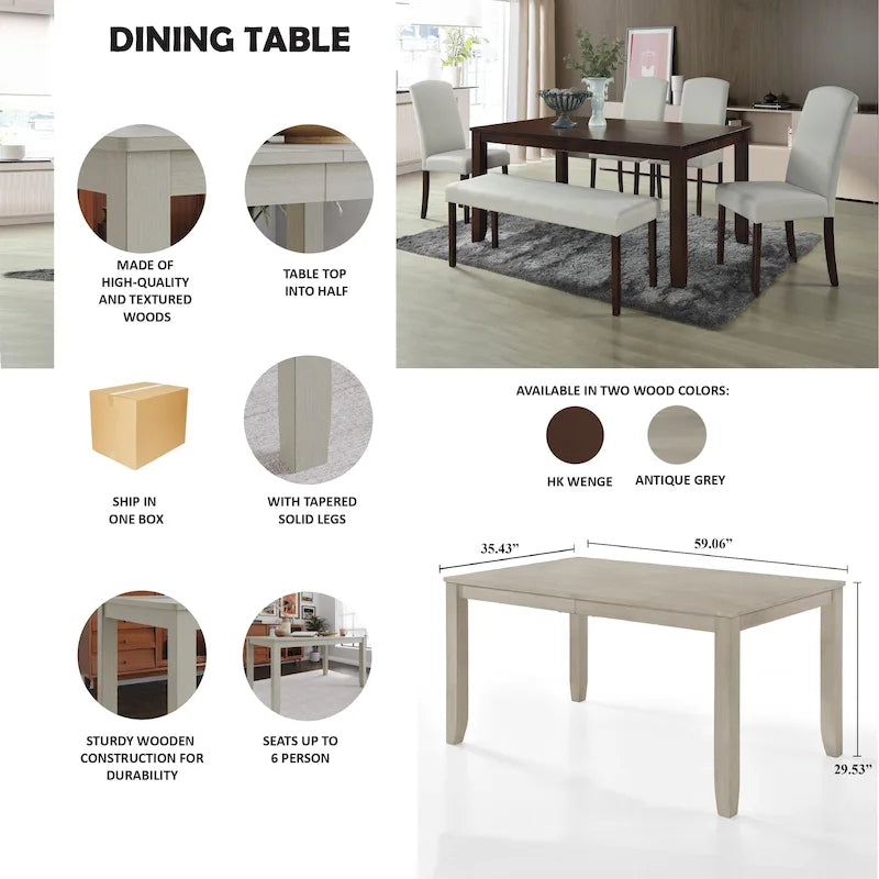 Table à manger rectangulaire avec pieds en bois d'hévéa – Gris antique / Wengé HK, Minimaliste, 6 places