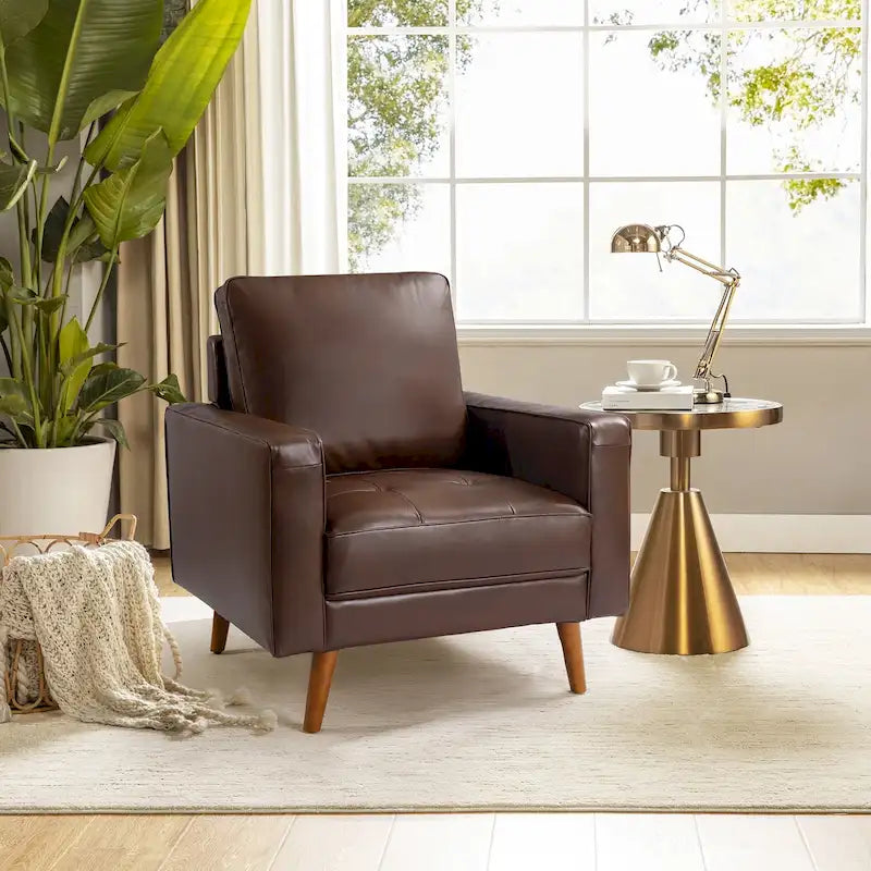 Fauteuil en cuir véritable Mid-Century – Marron / Bleu marine / Noir / Bordeaux / Camel / Beige, accoudoir droit, 1 place
