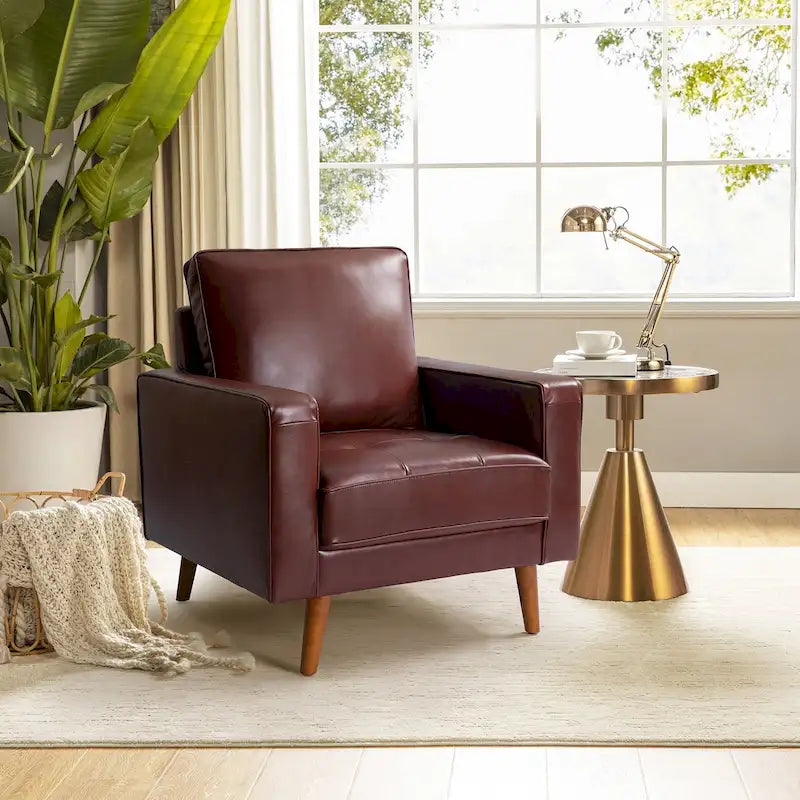 Fauteuil en cuir véritable Mid-Century – Marron / Bleu marine / Noir / Bordeaux / Camel / Beige, accoudoir droit, 1 place