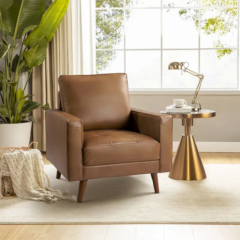 Fauteuil en cuir véritable Mid-Century – Marron / Bleu marine / Noir / Bordeaux / Camel / Beige, accoudoir droit, 1 place