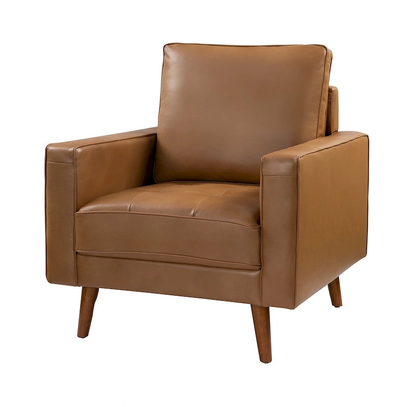 Fauteuil en cuir véritable Mid-Century – Marron / Bleu marine / Noir / Bordeaux / Camel / Beige, accoudoir droit, 1 place