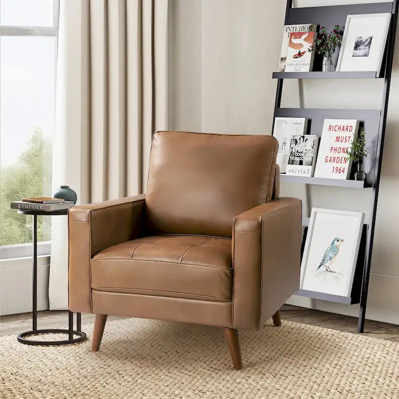 Fauteuil en cuir véritable Mid-Century – Marron / Bleu marine / Noir / Bordeaux / Camel / Beige, accoudoir droit, 1 place