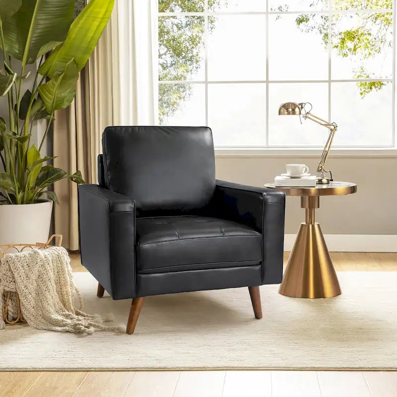 Fauteuil en cuir véritable Mid-Century – Marron / Bleu marine / Noir / Bordeaux / Camel / Beige, accoudoir droit, 1 place