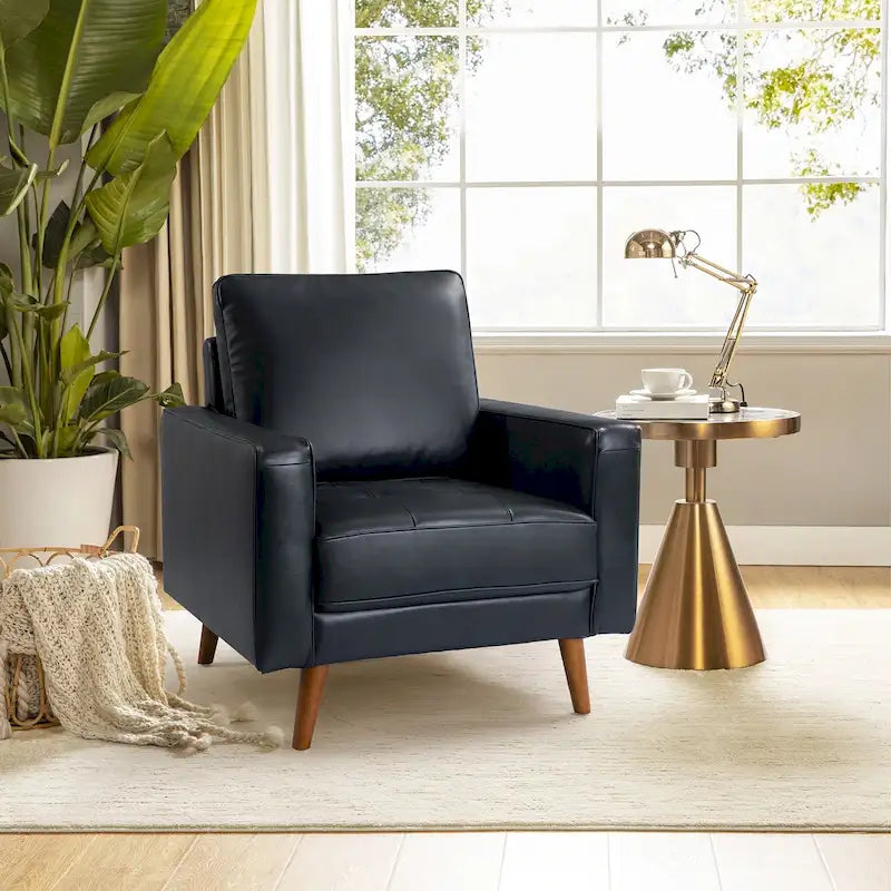 Fauteuil en cuir véritable Mid-Century – Marron / Bleu marine / Noir / Bordeaux / Camel / Beige, accoudoir droit, 1 place