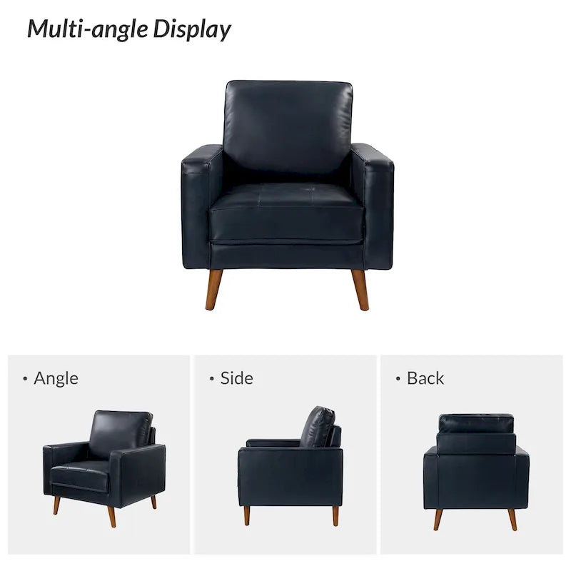 Fauteuil en cuir véritable Mid-Century – Marron / Bleu marine / Noir / Bordeaux / Camel / Beige, accoudoir droit, 1 place