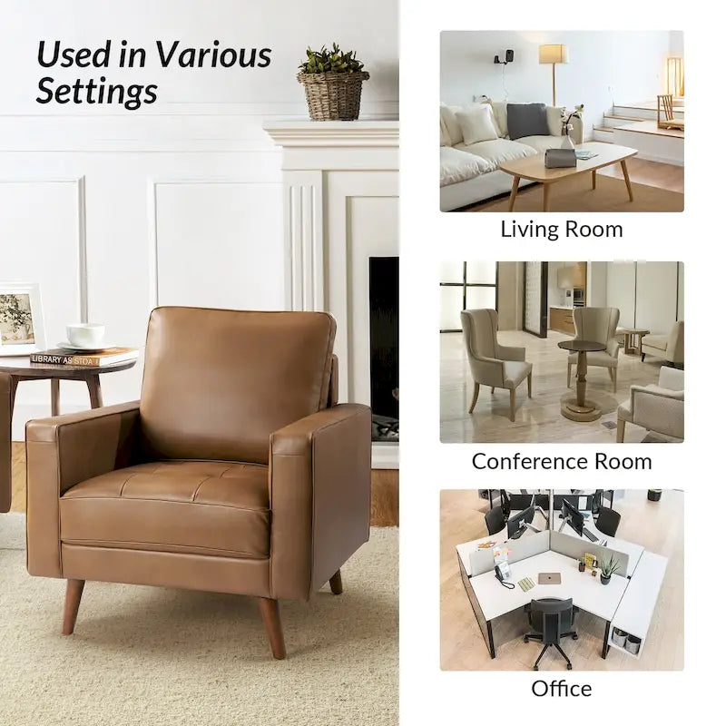 Fauteuil en cuir véritable Mid-Century – Marron / Bleu marine / Noir / Bordeaux / Camel / Beige, accoudoir droit, 1 place