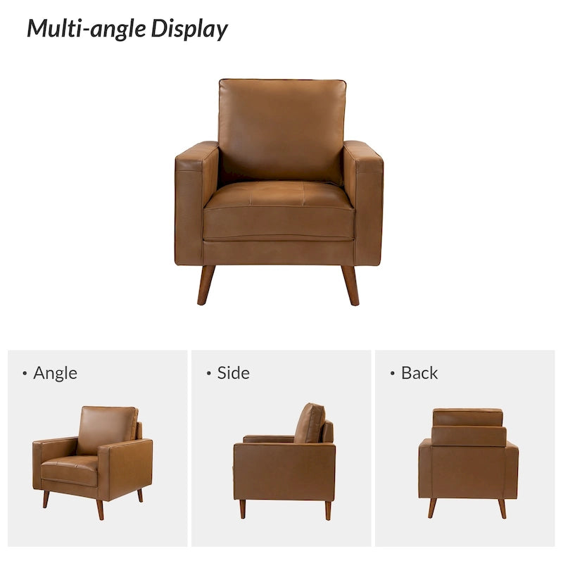 Fauteuil en cuir véritable Mid-Century – Marron / Bleu marine / Noir / Bordeaux / Camel / Beige, accoudoir droit, 1 place