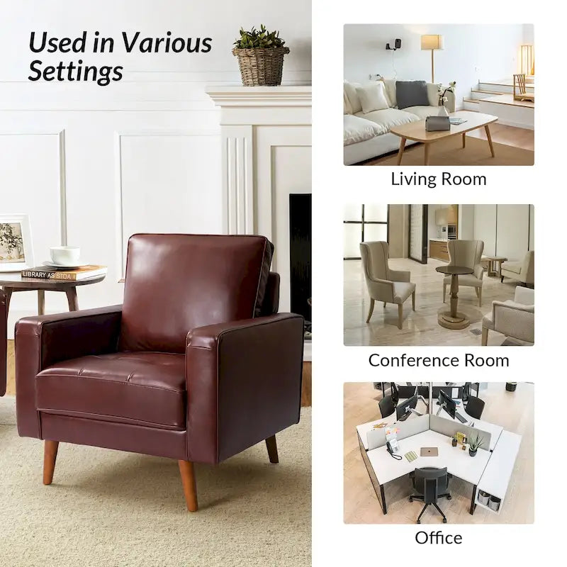 Fauteuil en cuir véritable Mid-Century – Marron / Bleu marine / Noir / Bordeaux / Camel / Beige, accoudoir droit, 1 place