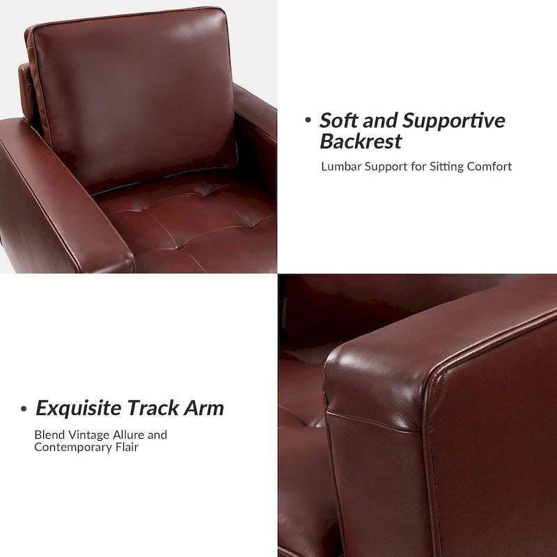 Fauteuil en cuir véritable Mid-Century – Marron / Bleu marine / Noir / Bordeaux / Camel / Beige, accoudoir droit, 1 place