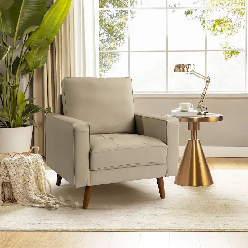 Fauteuil en cuir véritable Mid-Century – Marron / Bleu marine / Noir / Bordeaux / Camel / Beige, accoudoir droit, 1 place