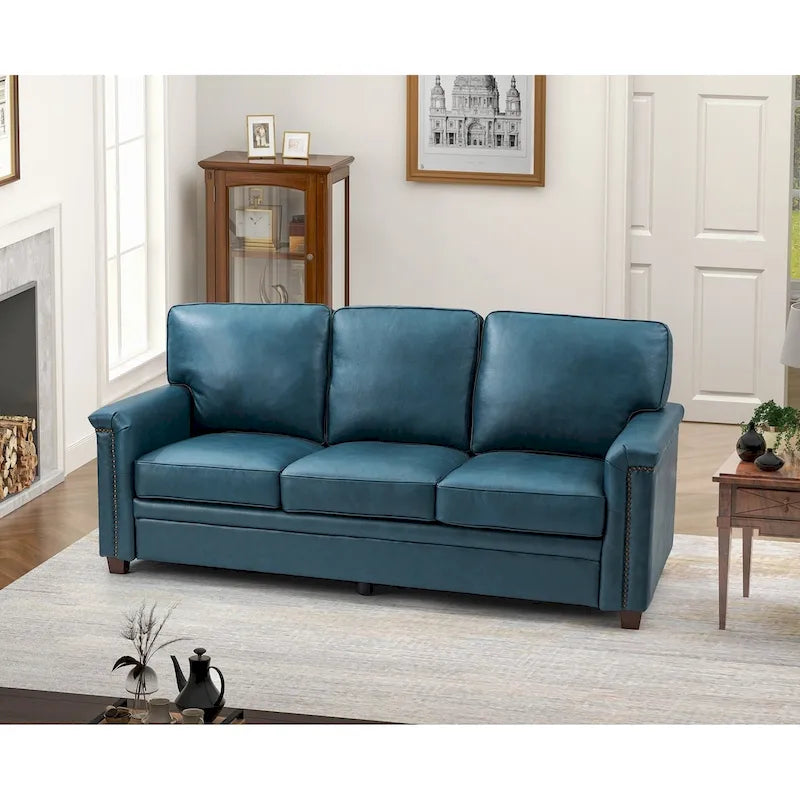 Canapé en cuir transitionnel – Bleu marine / Turquoise / Noir / Marron / Camel, Clous décoratifs, 3 places