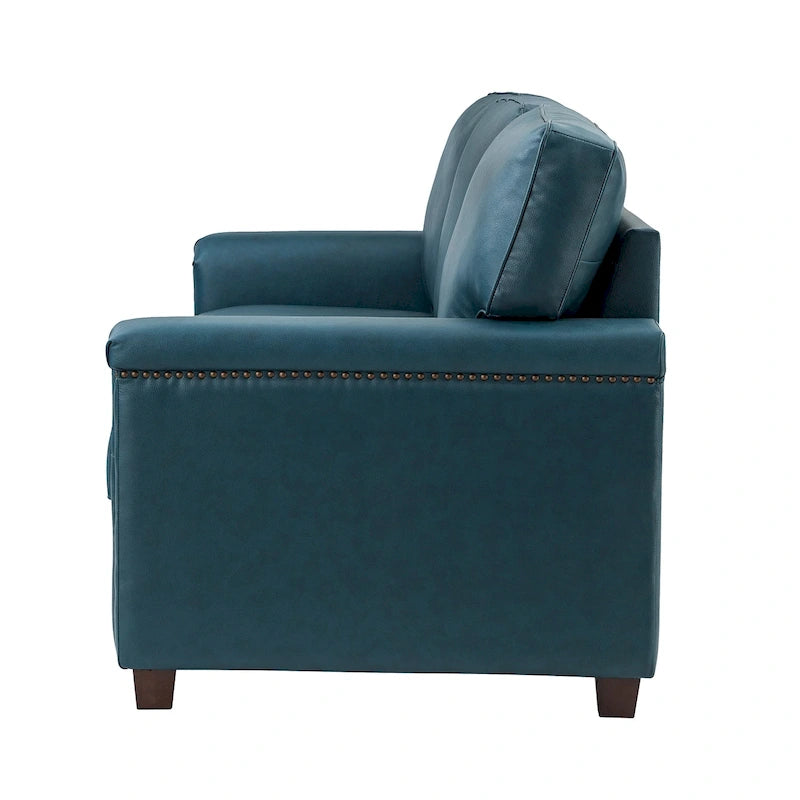 Canapé en cuir transitionnel – Bleu marine / Turquoise / Noir / Marron / Camel, Clous décoratifs, 3 places
