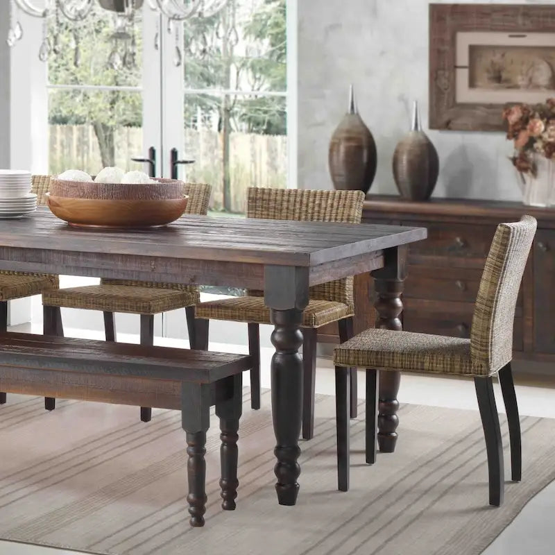 Table à manger de ferme en pin massif avec finition vieillie à la main – Bois flotté / Bois de grange / Gris rustique / Blanc cassé / Noyer rustique, 6 places