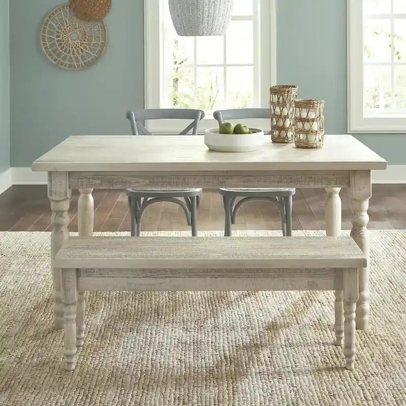 Table à manger de ferme en pin massif avec finition vieillie à la main – Bois flotté / Bois de grange / Gris rustique / Blanc cassé / Noyer rustique, 6 places