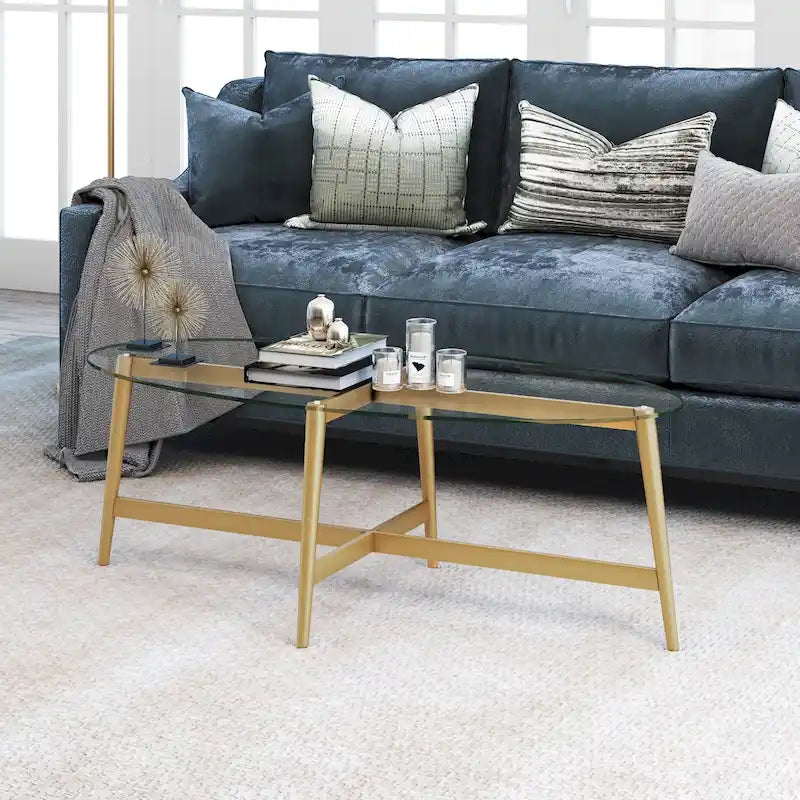 Table basse ovale en verre trempé – Laiton / Bronze noirci, pieds fuselés, pour 2 à 4 personnes