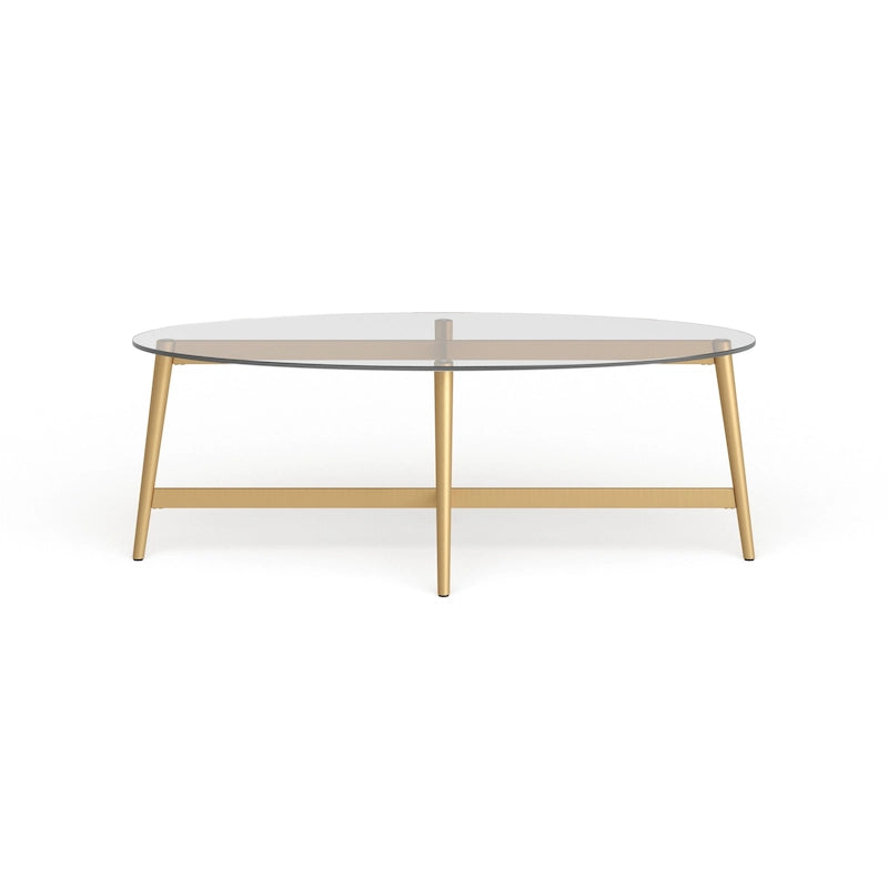 Table basse ovale en verre trempé – Laiton / Bronze noirci, pieds fuselés, pour 2 à 4 personnes