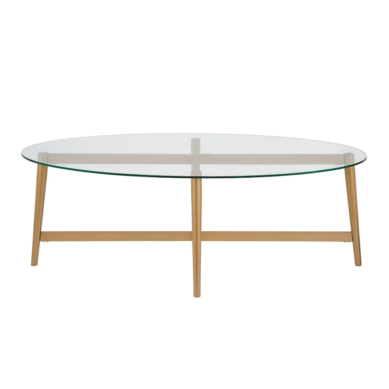 Table basse ovale en verre trempé – Laiton / Bronze noirci, pieds fuselés, pour 2 à 4 personnes