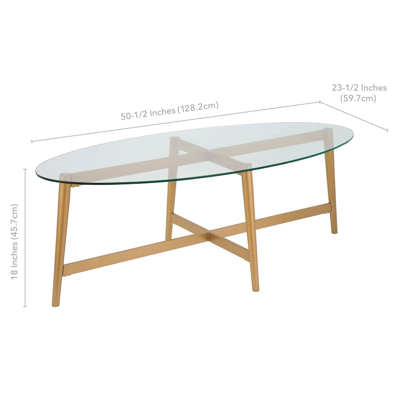 Table basse ovale en verre trempé – Laiton / Bronze noirci, pieds fuselés, pour 2 à 4 personnes