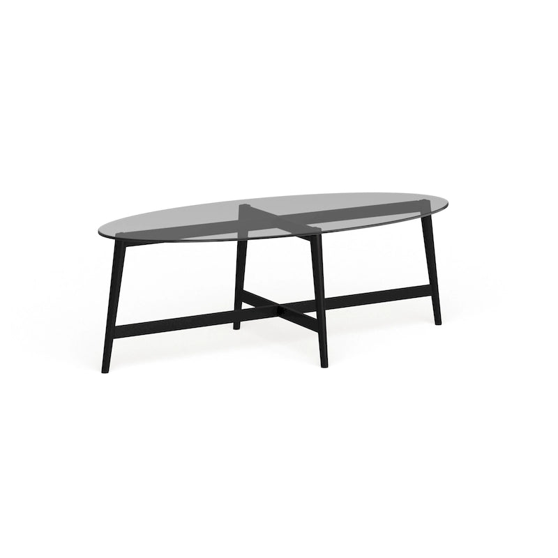Table basse ovale en verre trempé – Laiton / Bronze noirci, pieds fuselés, pour 2 à 4 personnes