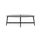 Table basse ovale en verre trempé – Laiton / Bronze noirci, pieds fuselés, pour 2 à 4 personnes