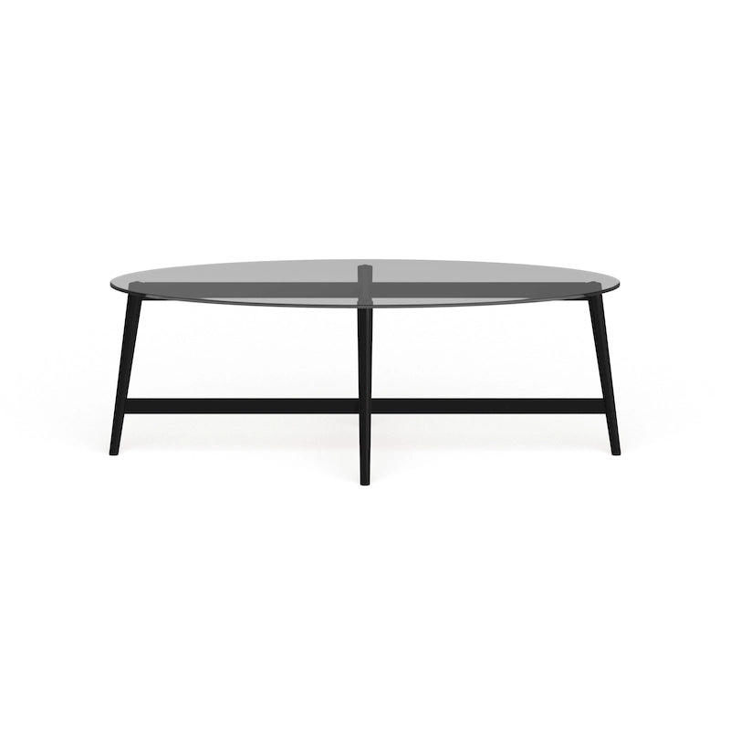 Table basse ovale en verre trempé – Laiton / Bronze noirci, pieds fuselés, pour 2 à 4 personnes