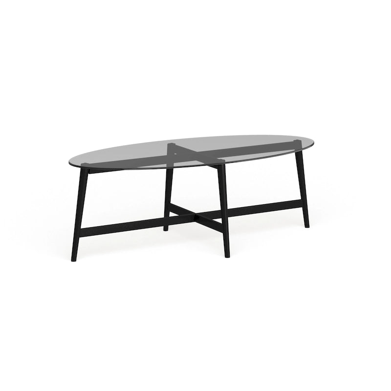 Table basse ovale en verre trempé – Laiton / Bronze noirci, pieds fuselés, pour 2 à 4 personnes