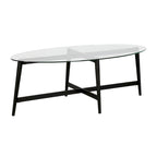 Table basse ovale en verre trempé – Laiton / Bronze noirci, pieds fuselés, pour 2 à 4 personnes