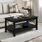 Table basse de ferme à montants en X – Noir / Gris / Marron / Blanc / Chêne foncé, 2 niveaux, 2–4 places