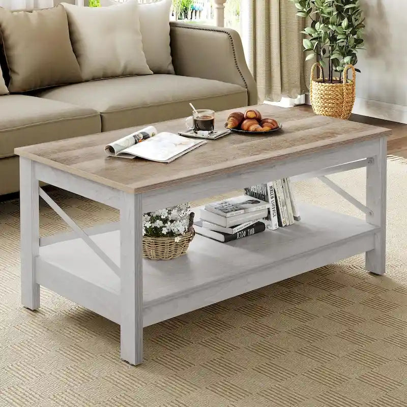 Table basse de ferme à montants en X – Noir / Gris / Marron / Blanc / Chêne foncé, 2 niveaux, 2–4 places