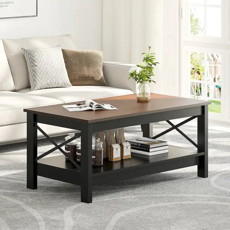Table basse de ferme à montants en X – Noir / Gris / Marron / Blanc / Chêne foncé, 2 niveaux, 2–4 places
