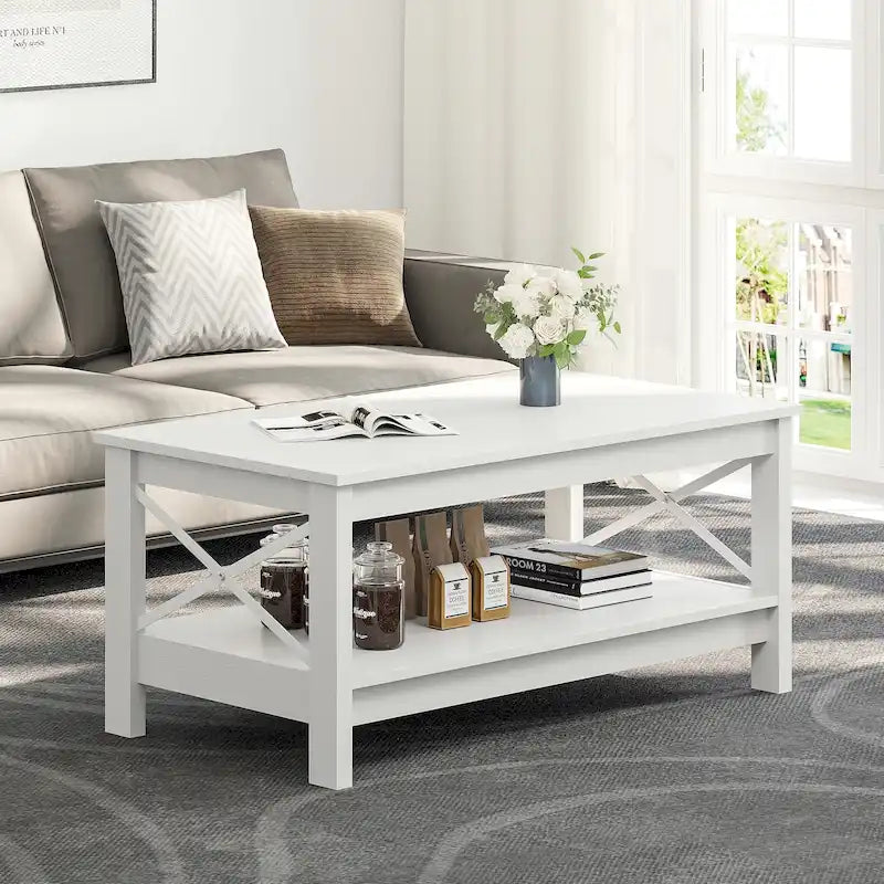 Table basse de ferme à montants en X – Noir / Gris / Marron / Blanc / Chêne foncé, 2 niveaux, 2–4 places