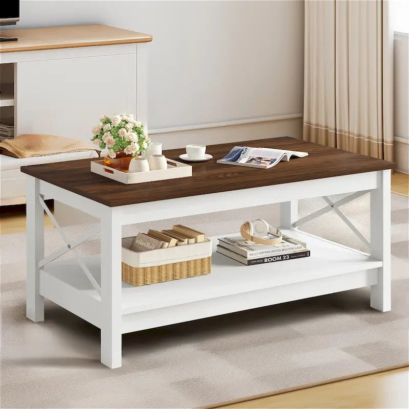 Table basse de ferme à montants en X – Noir / Gris / Marron / Blanc / Chêne foncé, 2 niveaux, 2–4 places