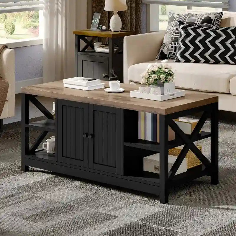 Table basse de ferme à montants en X – Noir / Gris / Marron / Blanc / Chêne foncé, 2 niveaux, 2–4 places