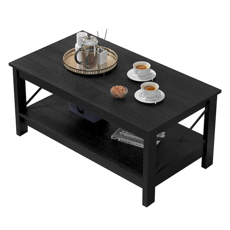 Table basse de ferme à montants en X – Noir / Gris / Marron / Blanc / Chêne foncé, 2 niveaux, 2–4 places