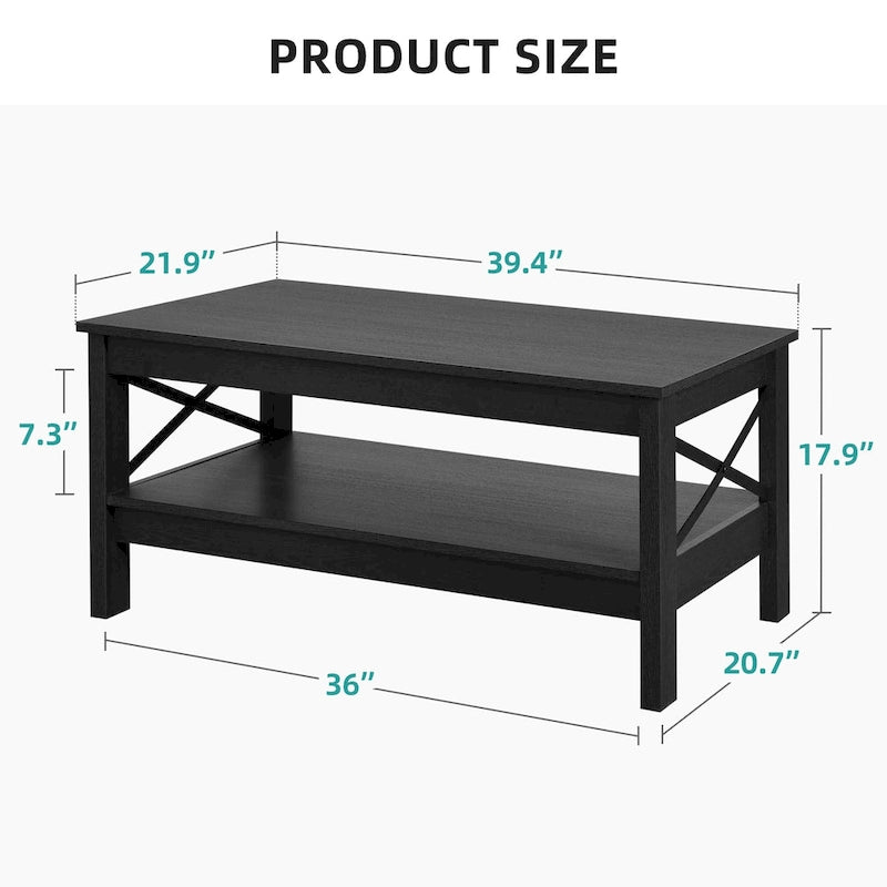 Table basse de ferme à montants en X – Noir / Gris / Marron / Blanc / Chêne foncé, 2 niveaux, 2–4 places