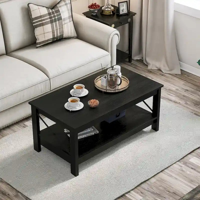 Table basse de ferme à montants en X – Noir / Gris / Marron / Blanc / Chêne foncé, 2 niveaux, 2–4 places