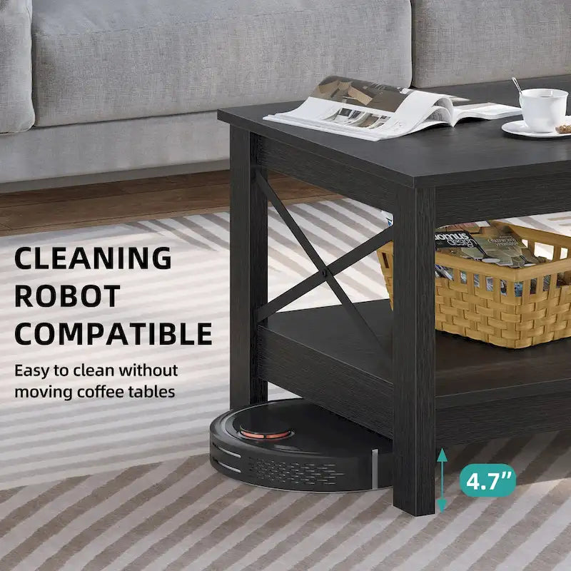 Table basse de ferme à montants en X – Noir / Gris / Marron / Blanc / Chêne foncé, 2 niveaux, 2–4 places