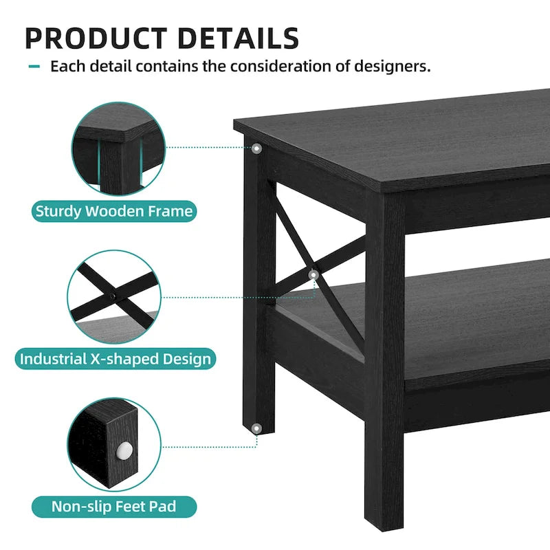 Table basse de ferme à montants en X – Noir / Gris / Marron / Blanc / Chêne foncé, 2 niveaux, 2–4 places