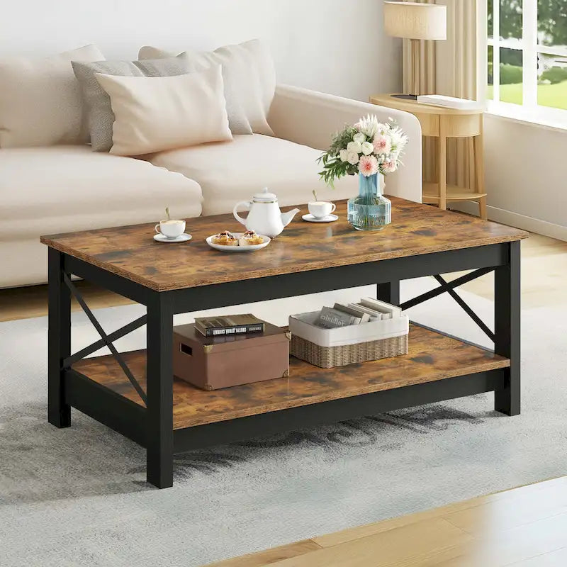 Table basse de ferme à montants en X – Noir / Gris / Marron / Blanc / Chêne foncé, 2 niveaux, 2–4 places
