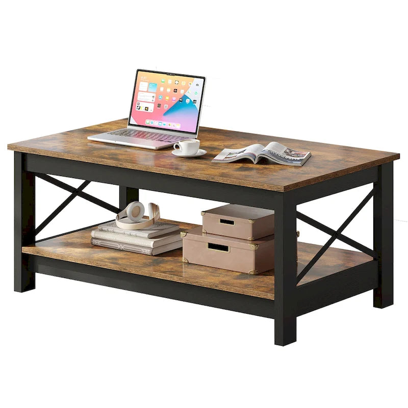 Table basse de ferme à montants en X – Noir / Gris / Marron / Blanc / Chêne foncé, 2 niveaux, 2–4 places