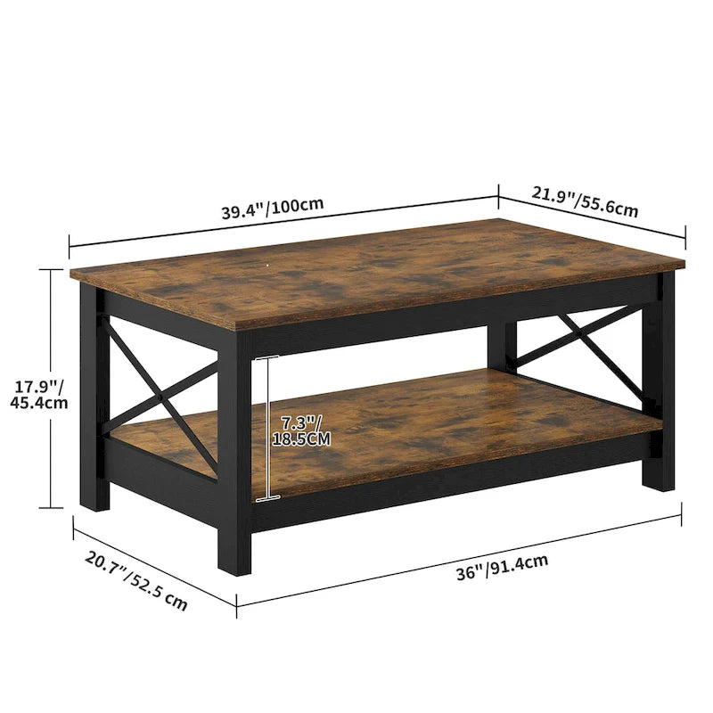 Table basse de ferme à montants en X – Noir / Gris / Marron / Blanc / Chêne foncé, 2 niveaux, 2–4 places