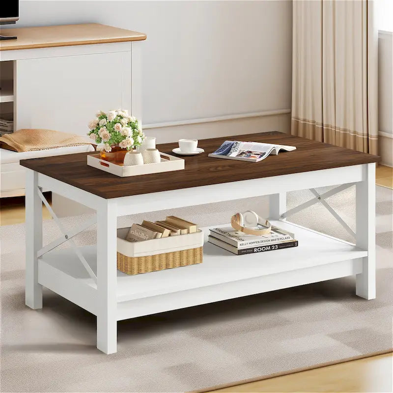 Table basse de ferme à montants en X – Noir / Gris / Marron / Blanc / Chêne foncé, 2 niveaux, 2–4 places